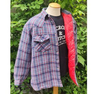 Vintage y2k Quilted Blue/Red Flannel Chore‎ Jacket Western Plaid Snap Button